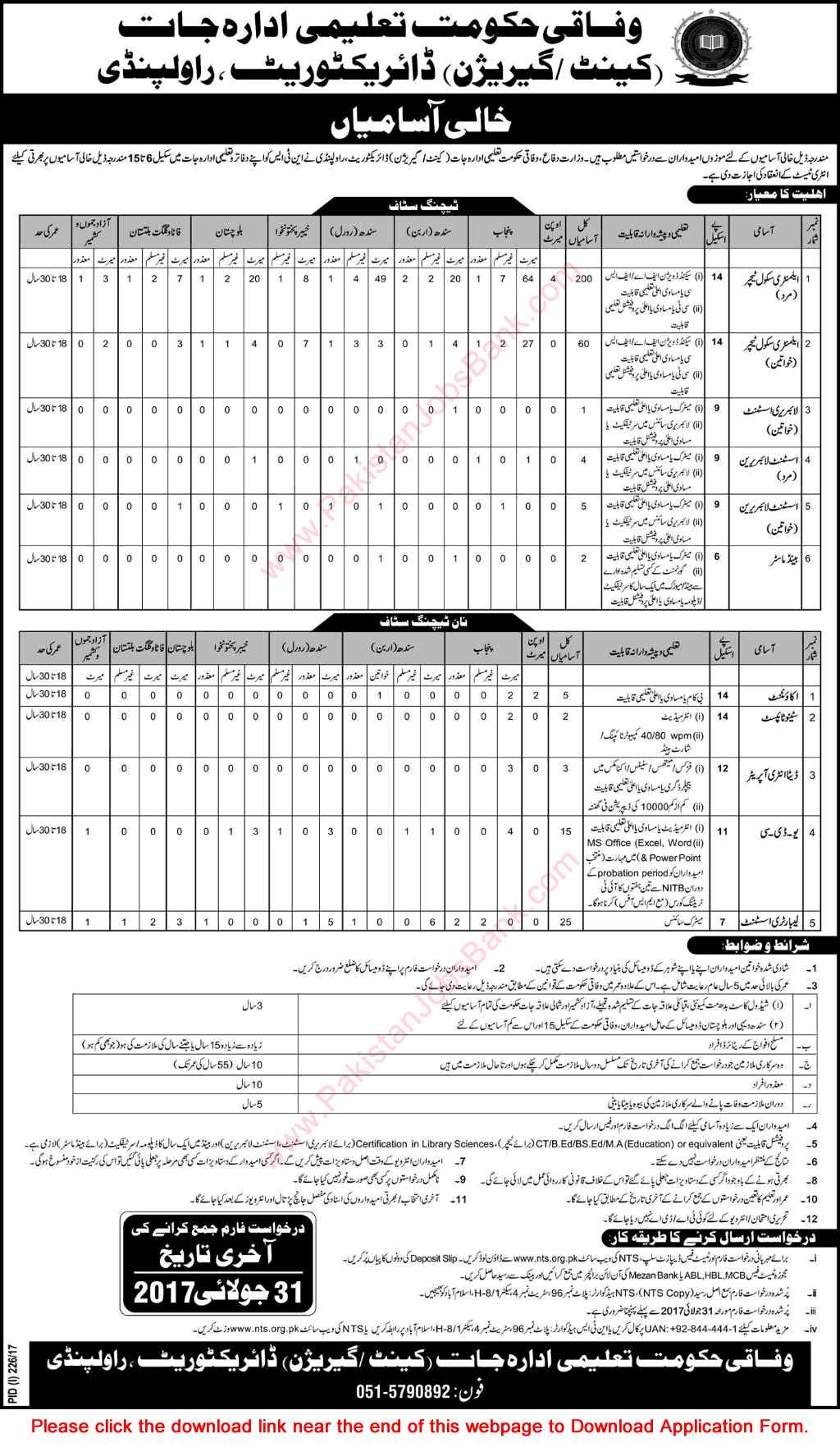 Federal Government Educational Institutions Cantt Garrison Jobs 2017 July NTS Application Form Teachers & Others Latest