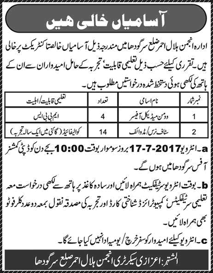 Pakistan Red Crescent Society Sargodha Jobs 2017 July Staff Nurses / Midwife & Medical Officers Latest