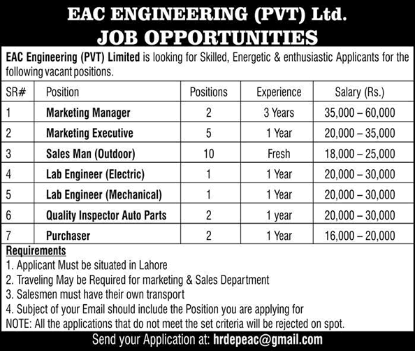 EAC Engineering Pvt Ltd Lahore Jobs 2017 July Sales Man, Marketing Executives & Others Latest