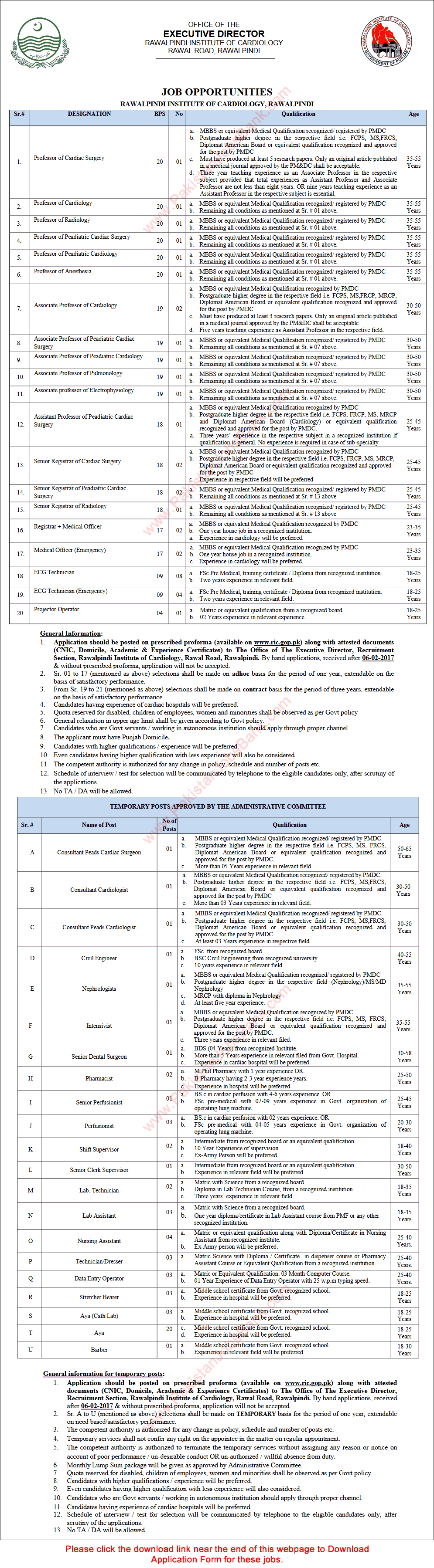 Rawalpindi Institute of Cardiology Jobs July 2017 Application Form Teaching Faculty & Others RIC Latest