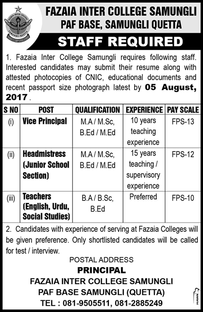 Fazaia Inter College Samungli Quetta Jobs July 2017 Teachers, Headmistress & Vice Principal Latest