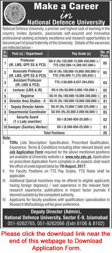 National Defence University Islamabad Jobs July 2017 Application Form Teaching Faculty & Others Latest