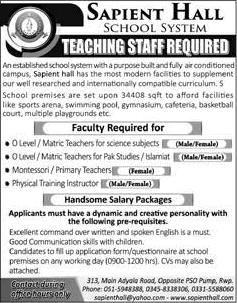 Teaching Jobs in Rawalpindi July 2017 at Sapient Hall School System Latest