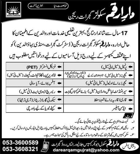 Dar-e-Arqam Schools Gujrat & Mandi Bahauddin Jobs 2017 July Teachers, Admin & Support Staff Latest