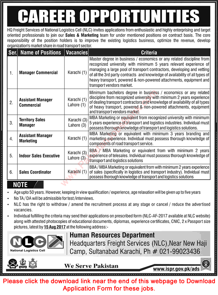 NLC Jobs July 2017 August Application Form Karachi & Lahore HQ Freight Services National Logistics Cell Latest
