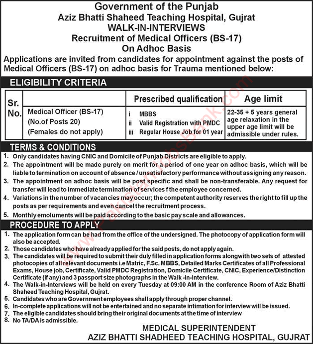 Medical Officer Jobs in Aziz Bhatti Shaheed Teaching Hospital Gujrat August 2017 Walk In Interview Latest