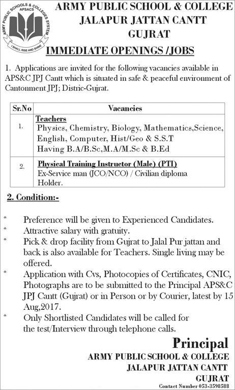 Army Public School and College Jalalpur Jattan Jobs 2017 August Gujrat Teachers & PTI Latest
