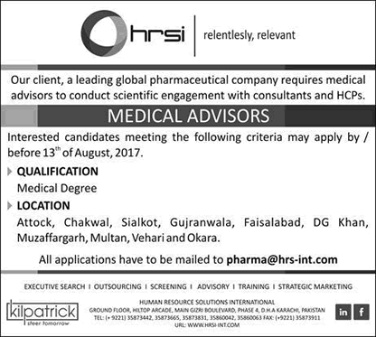 Medical Advisor Jobs in Pakistan 2017 August HRS International Limited Latest