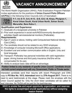 Union Council Polio Officer Jobs in WHO Islamabad August 2017 Polio Eradication Program Latest