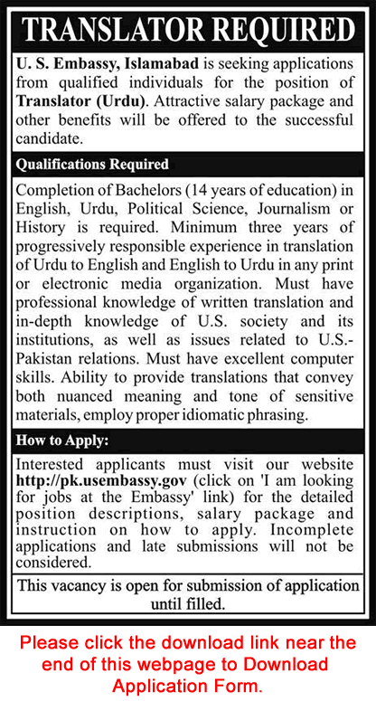 Urdu Translator Jobs in US Embassy Islamabad August 2017 Application Form Download Latest