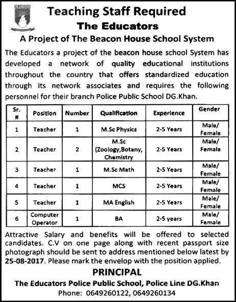 The Educators Police Public School Dera Ghazi Khan Jobs 2017 August Teachers & Computer Operator Latest