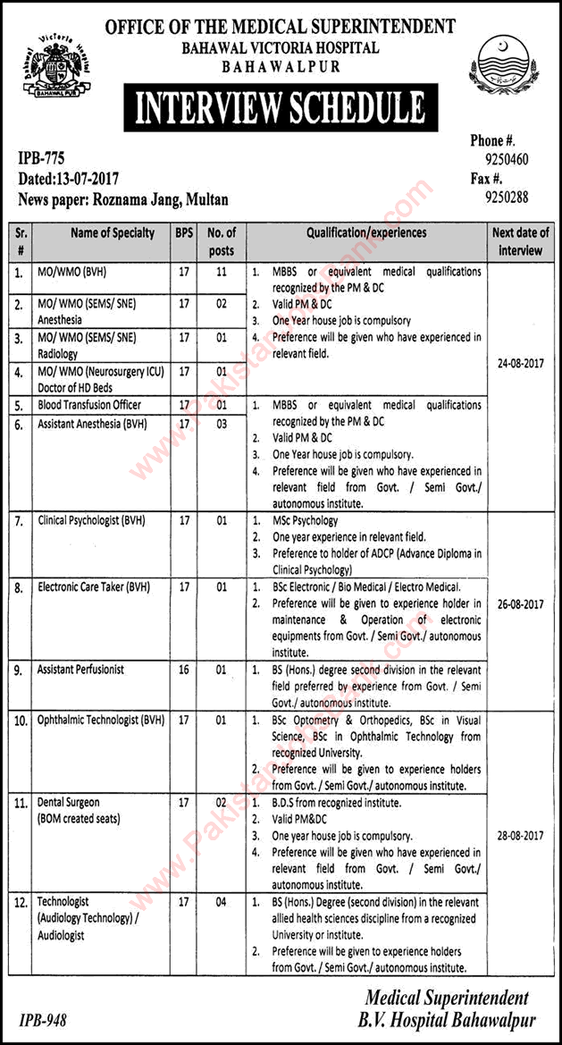 Bahawal Victoria Hospital Bahawalpur Jobs August 2017 Interview Schedule Latest