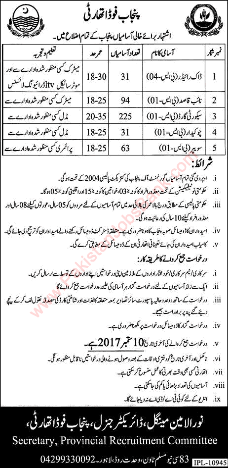 Punjab Food Authority Jobs August 2017 Security Guards, Naib Qasid, Daak Riders, Sweepers & Chowkidar Latest