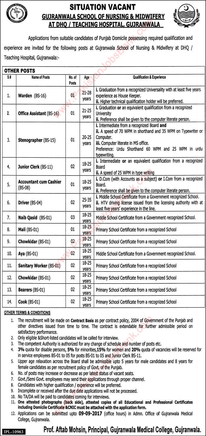 DHQ / Teaching Hospital Gujranwala Jobs August 2017 School of Nursing and Midwifery Latest