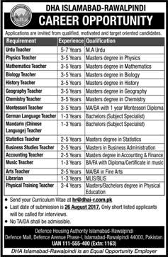 DHA Islamabad / Rawalpindi Jobs August 2017 Defence Housing Authority Teachers & Librarian Latest