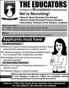 The Educators School Rawalpindi Jobs August 2017 Teachers & Branch Head Walk in Interview Latest