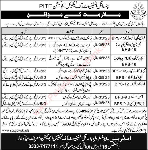 Pano Aqil Institute of Technical Education Jobs 2017 August Teachers & Admin Staff PITE Latest