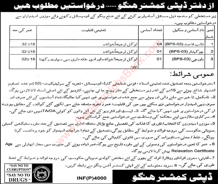 Deputy Commissioner Office Hangu Jobs 2017 August Naib Qasid, Chowkidar & Bawarchi Latest