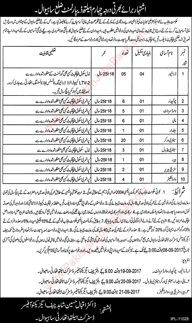 Health Department Sahiwal Jobs 2017 August Sanitary Workers, Chowkidar, Drivers & Others Latest