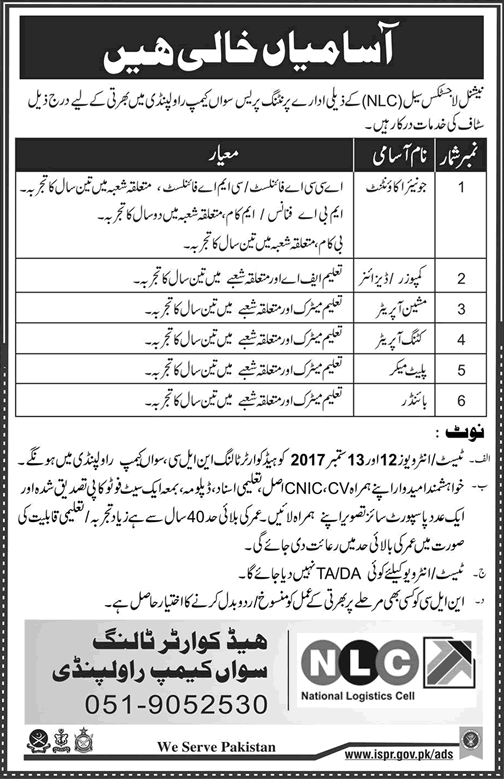 NLC Jobs August 2017 September Printing Press Rawalpindi Composer / Designer, Accountant & Others Latest