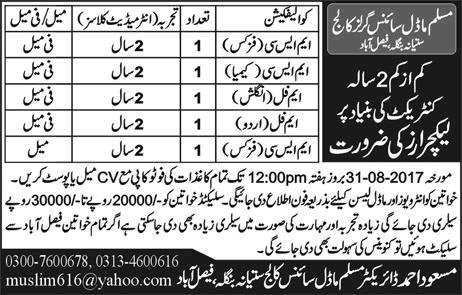 Lecturer Jobs in Muslim Model Science College Faisalabad 2017 August / September Latest