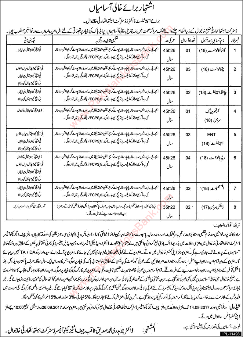 Health Department Khanewal Jobs August 2017 September Specialist Doctors & Dental Surgeons Latest