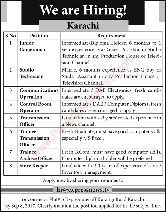 Express News TV Channel Jobs 2017 September Trainee Transmission / Archive Officers, Cameraman & Others Latest