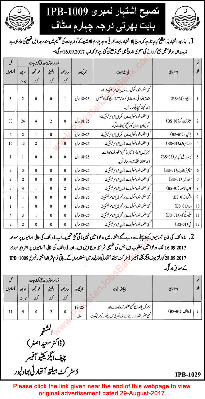 Health Department Bahawalpur Jobs September 2017 Corrigendum Latest