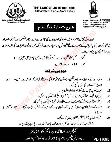 Lahore Art Council Jobs 2017 September for Marketing Staff Alhamra Latest