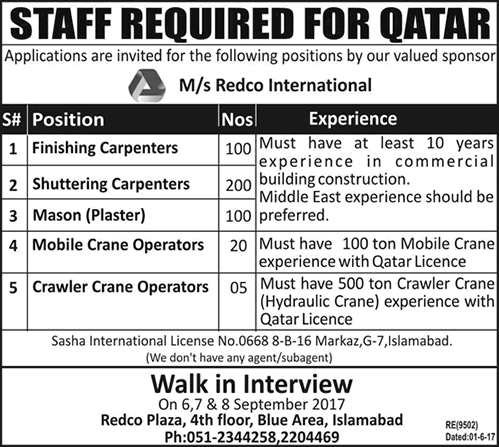 Redco International Qatar Jobs September 2017 Walk in Interview Carpenters, Masons & Others Latest
