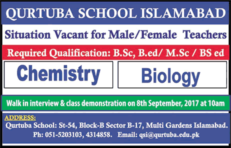 Teaching Jobs in Islamabad September 2017 Qurtuba School Latest