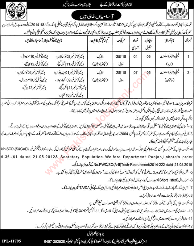 Family Welfare Assistant Jobs in Population Welfare Department Pakpattan 2017 September Latest