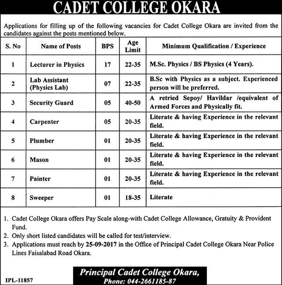 Cadet College Okara Jobs September 2017 Lecturer, Lab Assistant, Security Guard & Others Latest