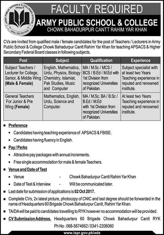 Army Public School and College Rahim Yar Khan Jobs 2017 September Teaching Faculty APSACS Latest