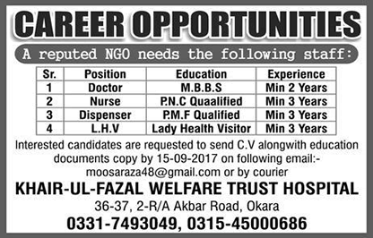 Khair-ul-Fazal Welfare Trust Hospital Okara Jobs 2017 September Doctor, Nurse, Dispenser & LHV NGO Latest