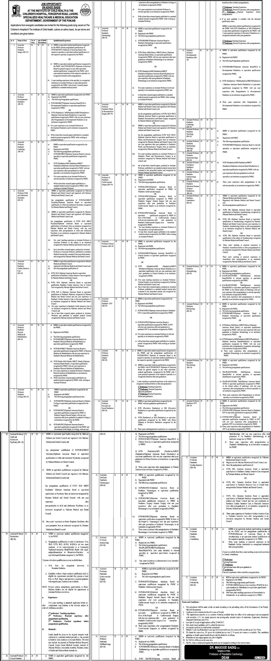 Children's Hospital Lahore Jobs September 2017 Associate / Assistant Professors CHICH Latest