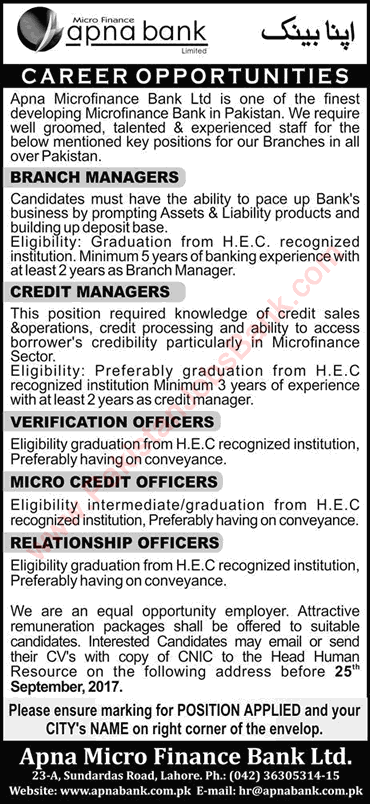 Apna Microfinance Bank Jobs September 2017 Credit / Relationship Officers & Others Latest