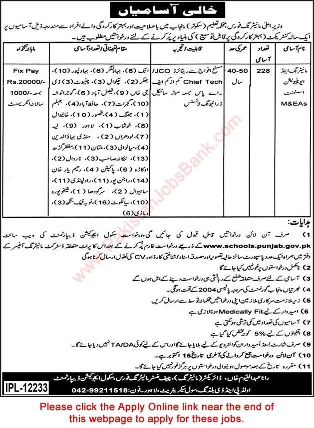 Monitoring and Evaluation Assistant Jobs in School Education Department Punjab September 2017 Apply Online Latest