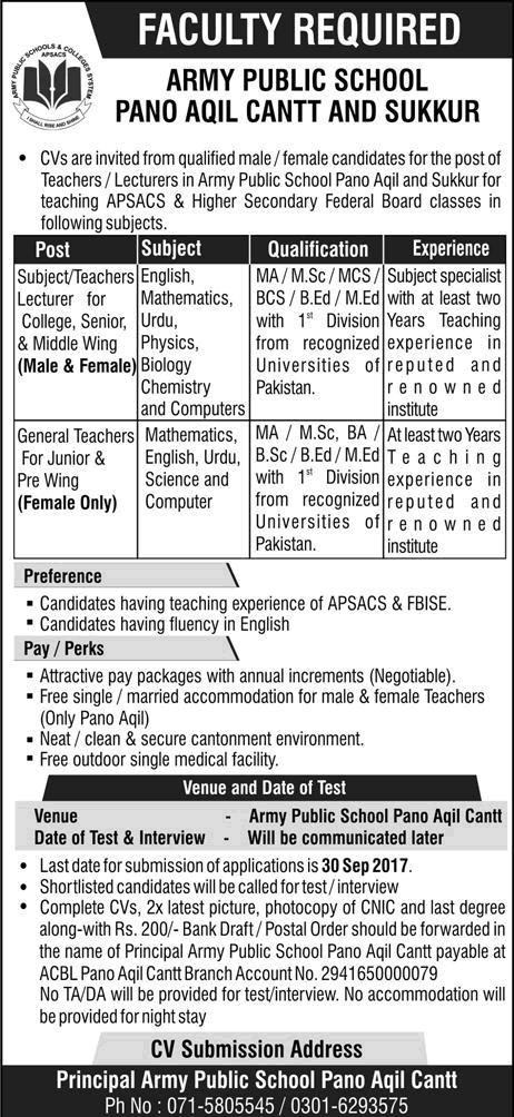 Army Public School Pano Aqil & Sukkur Jobs September 2017 Teachers & Lecturers Latest