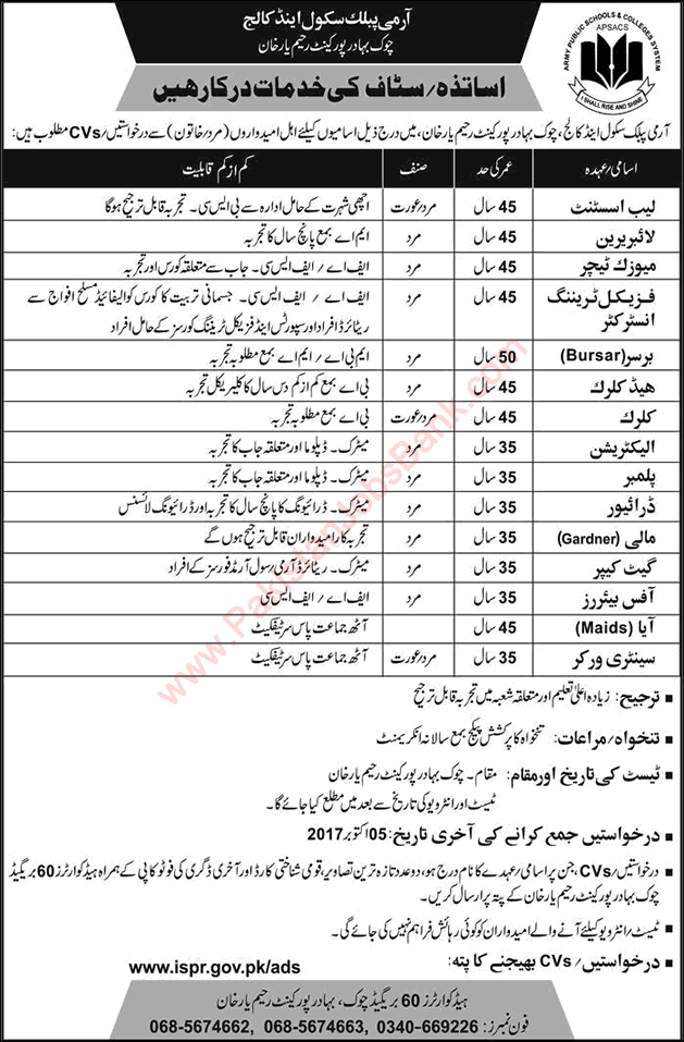 Army Public School and College Rahim Yar Khan Jobs 2017 September Clerks, PTI, Lab Assistant & Others Latest