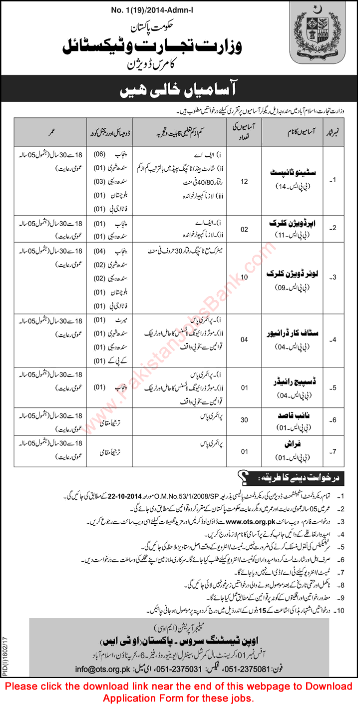 Ministry of Commerce and Textile Islamabad Jobs 2017 September OTS Application Form Clerks, Naib Qasid & Others Latest