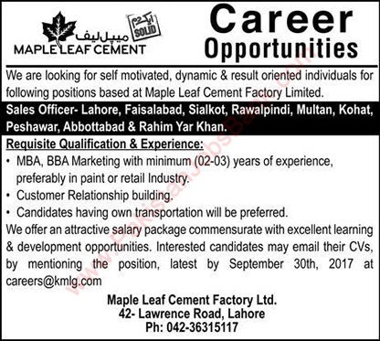 Sales Officer Jobs in Maple Leaf Cement Pakistan 2017 September Latest