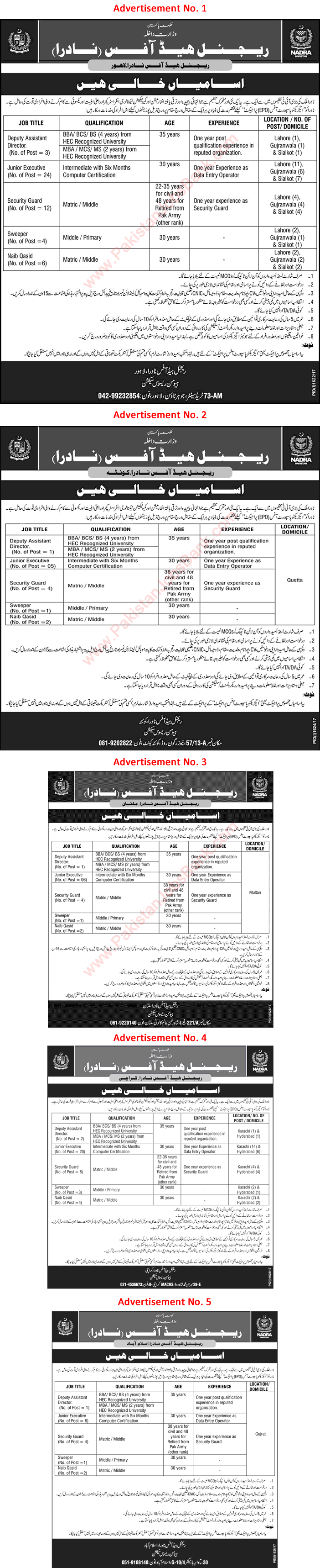 NADRA Jobs September 2017 Junior Executives, Security Guards, Naib Qasid & Others Latest Advertisement