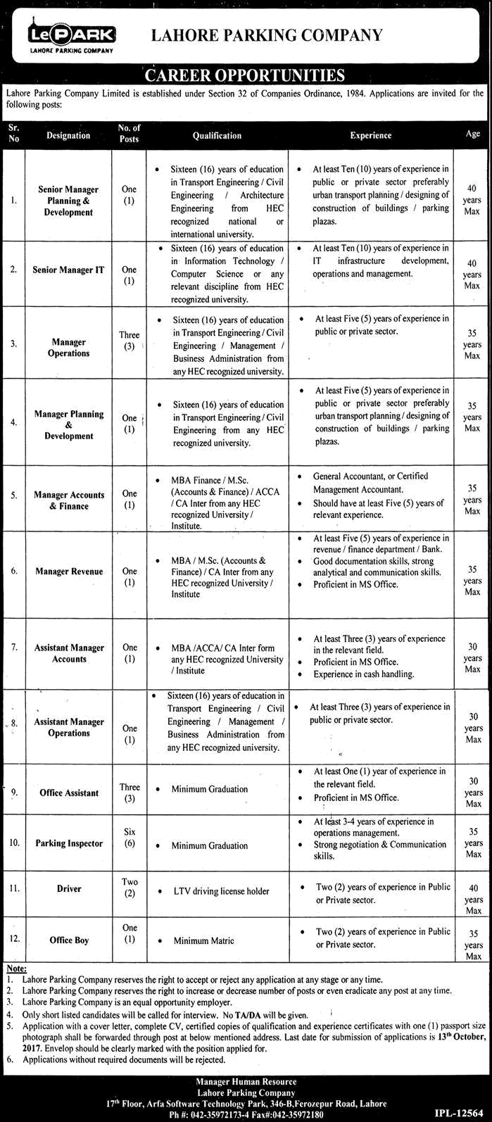 Lahore Parking Company Jobs September 2017 Parking Inspectors, Office Assistants & Others Latest
