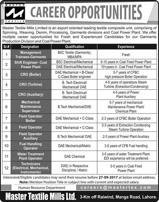 Master Textile Mills Ltd Lahore Jobs September 2017 Fuel Operators, Technicians & Others Latest