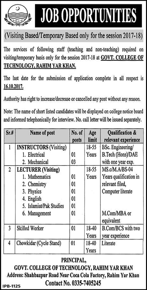 Government College of Technology Rahim Yar Khan Jobs 2017 September / October Lecturers, Instructors & Others Latest