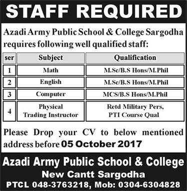 Azadi Army Public School and College Sargodha Jobs 2017 September Teachers & PTI Latest