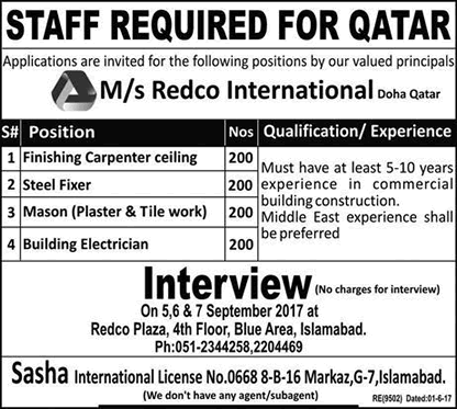 Redco International Qatar Jobs October 2017 Walk in Interview Steel Fixer, Mason & Others Latest