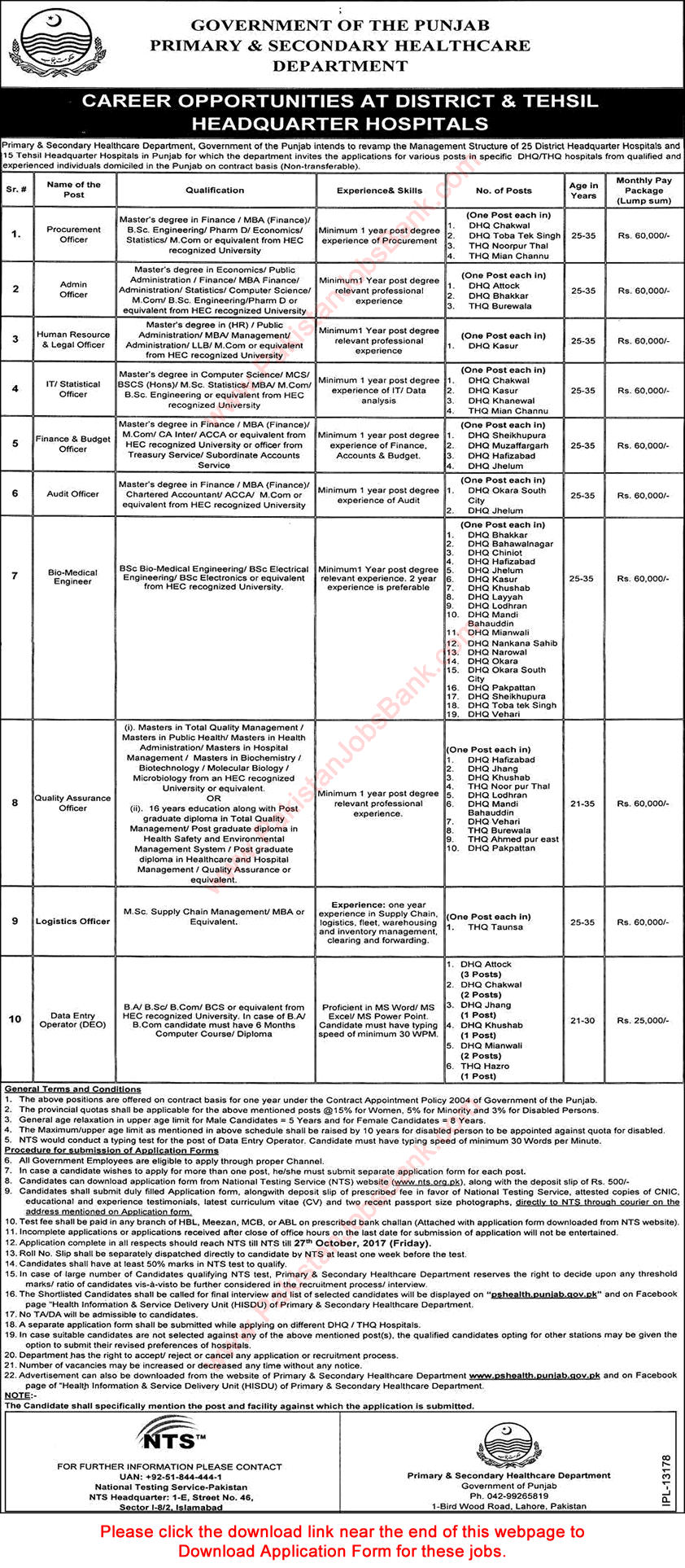 Primary and Secondary Healthcare Department Punjab Jobs October 2017 NTS Application Form Download Latest