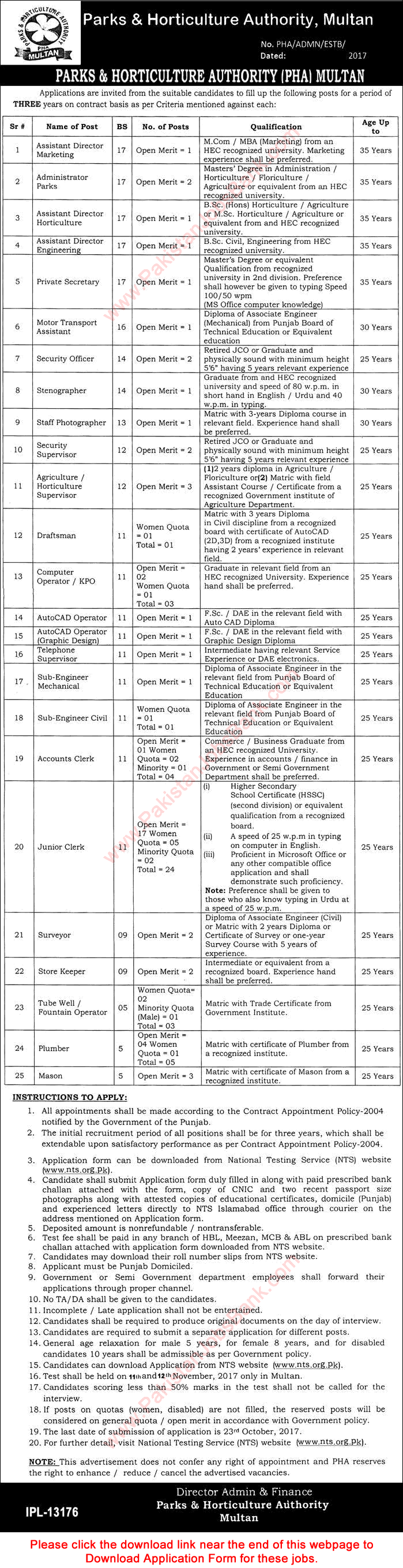 Parks and Horticulture Authority Multan Jobs October 2017 NTS Application Form Clerks, Computer Operators & Others Latest